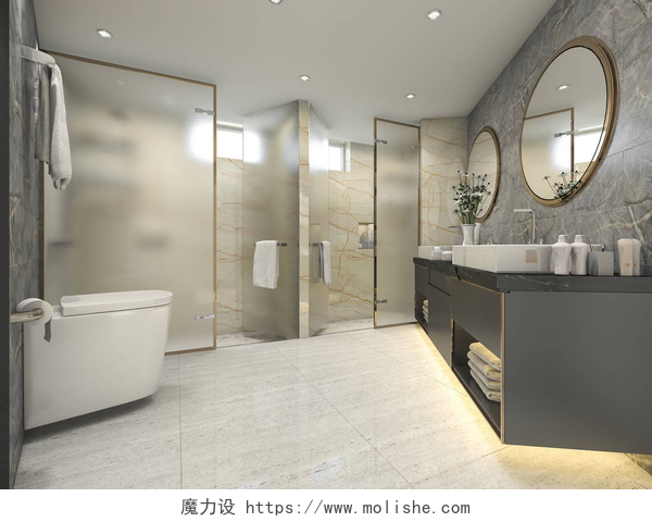 简单的浴室风格3d 渲染现代黑色浴室与豪华瓷砖装饰
